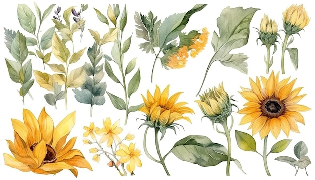 Vecteur de fond d'art floral de printemps aquarelle botanique tournesols dessinés à la main feuilles plantes illustration de conception de fleur pour l'affiche d'impression de bannière de papier peint générer ai