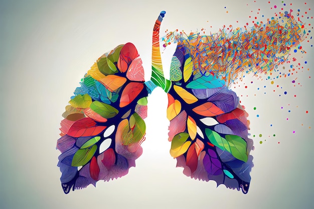 Vecteur pulmonaire humain abstrait avec des points et des lignes mélangeant la couleur Generative Ai