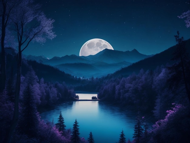 Vector belle nuit avec la lune montagne et les arbres au bord de la rivière