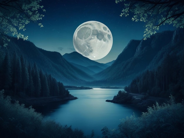 Vector belle nuit avec la lune montagne et les arbres au bord de la rivière