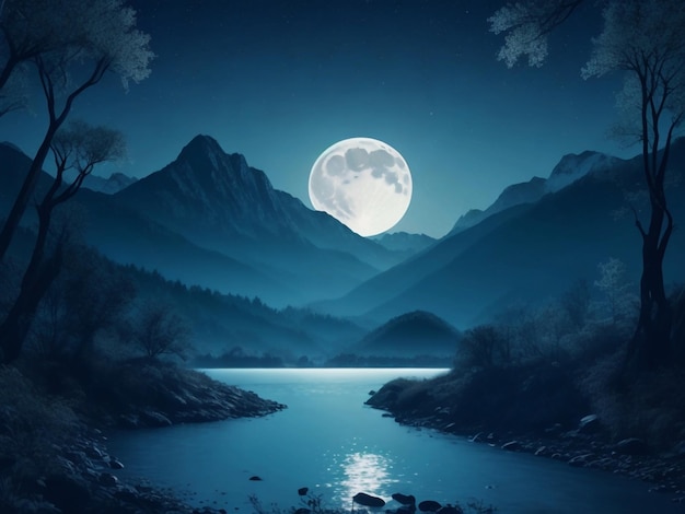Vector belle nuit avec la lune montagne et les arbres au bord de la rivière