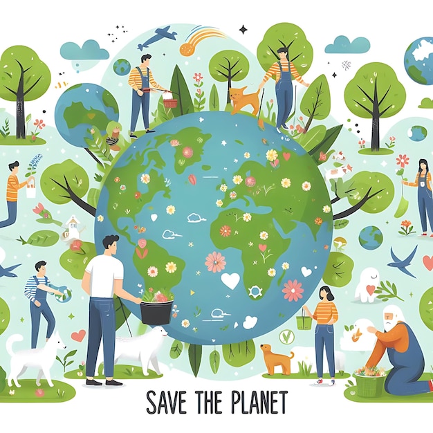 Photo vector earth day une affiche pour sauver la planète avec des gens et des arbres et des gens