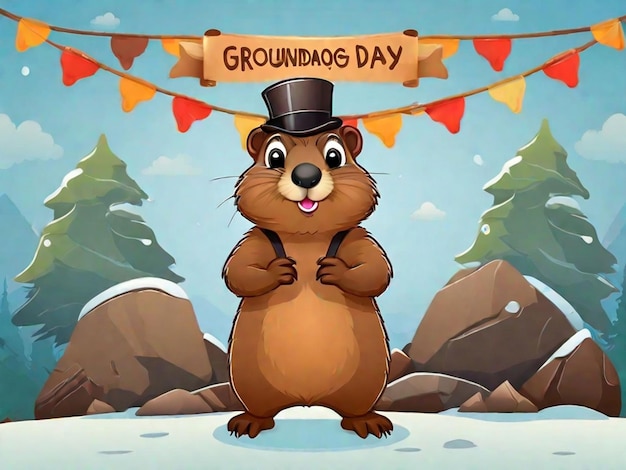 Photo vector gratuit dessin animé adorable de marmotte avec bannière du jour de la marmotte