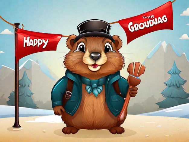 Photo vector gratuit dessin animé adorable de marmotte avec bannière du jour de la marmotte