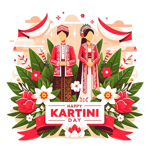 Photo vector hari kartini célébration avec des fleurs et une femme dans une robe traditionnelle