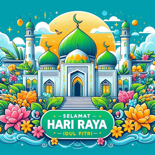 vector idul fitri une affiche pour une mosquée avec des fleurs et une image d'une mosquée