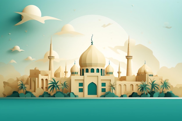 Vector islamique gratuit avec une mosquée dans le design de style papier