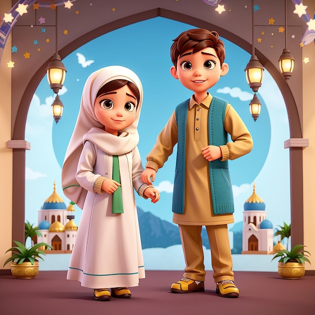 Vector jolie fille et garçon musulmans célébrant l'Aïd Moubarak dessin animé icône vectorielle illustration personnes religion