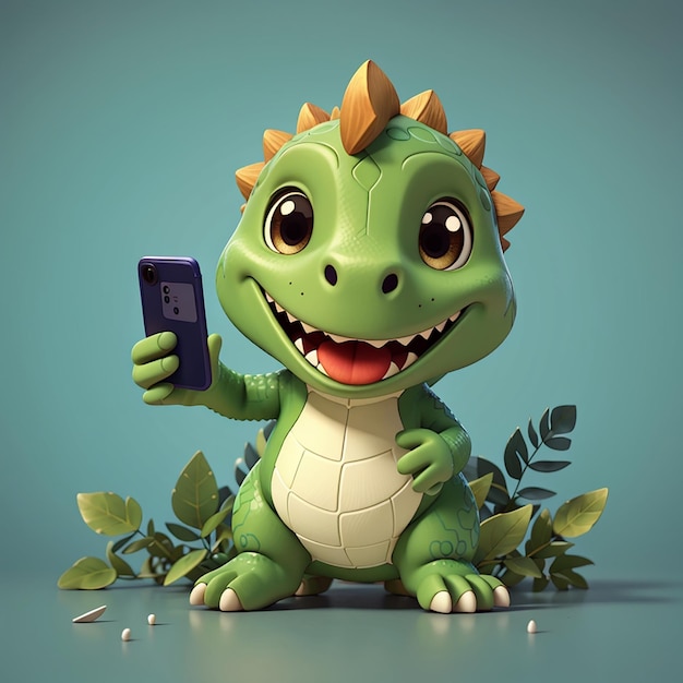 Vector mignon petit dessin animé de dinosaure prenant un selfie avec le téléphone