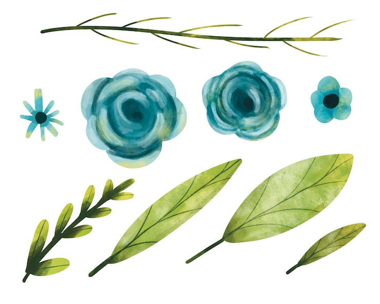 Photo vector set de fleurs de roses bleues dans le style de l'aquarelle rose et feuilles dessinées à la main en aquarelle