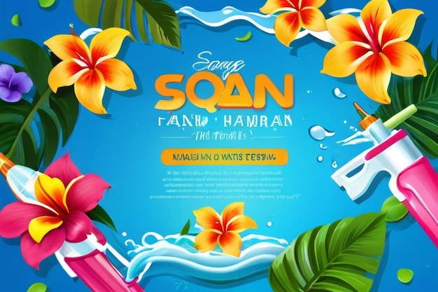 Vector Songkran fête de l'eau de la Thaïlande bannière de carte de vœux feuilles de fleurs tropicales