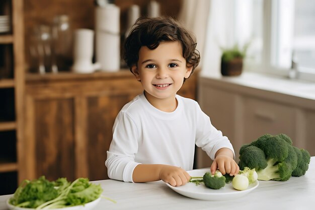 Vegetariens Enfant posant avec des brocolis dans une cuisine minimaliste Vegétariens et végétariens