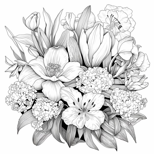 Photo des végétaux intricats à colorier en noir et blanc avec des tulipes, des iris et des rhododendrons