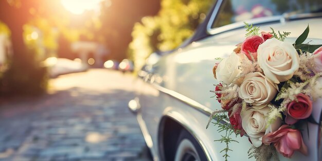 Photo un véhicule décoré de fleurs sur le côté pour un mariage