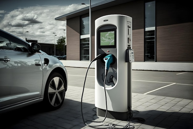 Véhicule électrique près de la station de charge dans l'environnement urbain d'été de jour art généré par le réseau de neurones