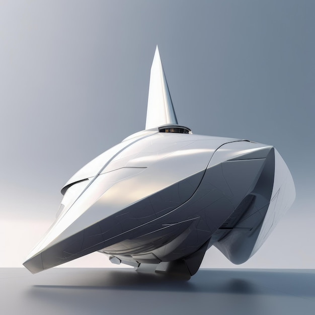 Un véhicule futuriste argenté et blanc avec un sommet pointu.