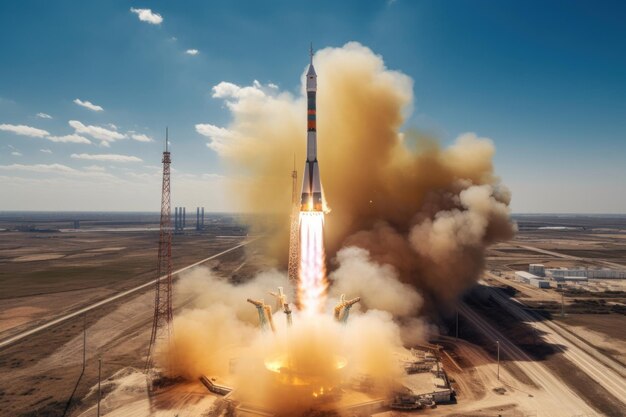 Photo véhicule de lancement de fusée lance du cosmodrome décollage vue de jour ensoleillé à basse altitude