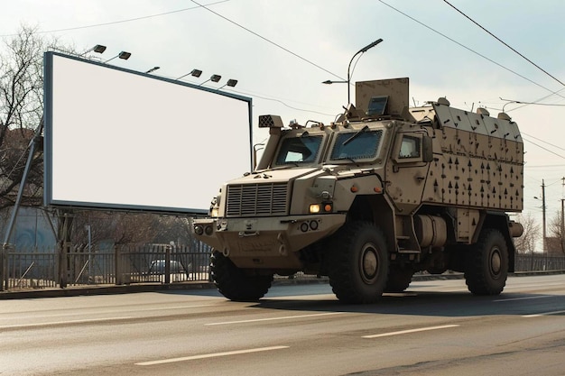 Photo un véhicule militaire qui descend une rue à côté d'un panneau d'affichage