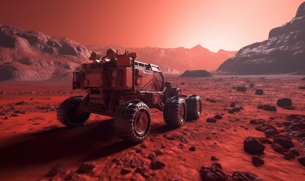 Un véhicule de la planète mars rouge est sur une surface rouge.