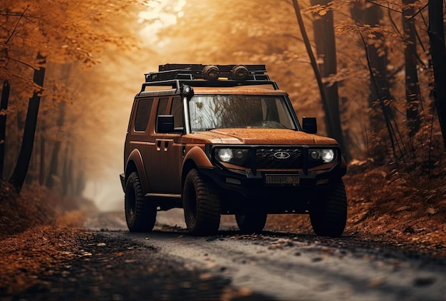 un véhicule roule sur la route à l'automne de l'automne