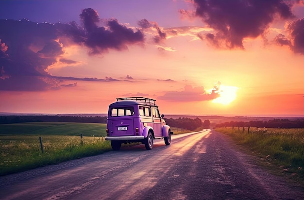 un véhicule roule sur une route avec un coucher de soleil derrière lui dans le style de l'énergie juvénile