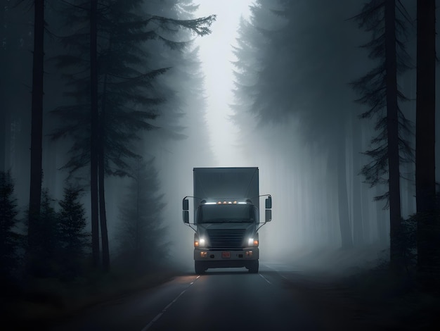 Véhicule sur la route dans la forêt sombre la nuit avec du brouillard