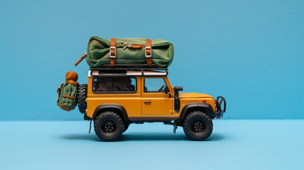 Un véhicule tout-terrain de jouet portant un sac à dos miniature