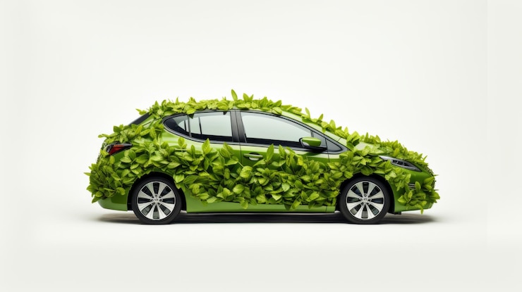 Photo véhicule ou voiture recouvert de feuilles concept d'énergie verte et de durabilité sur fond blanc