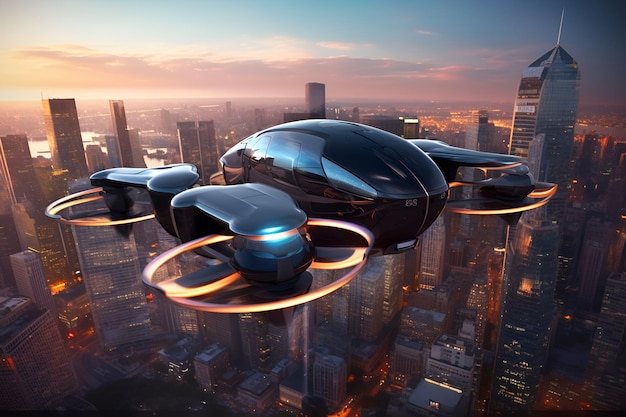 Un véhicule volant futuriste est montré devant un paysage urbain.