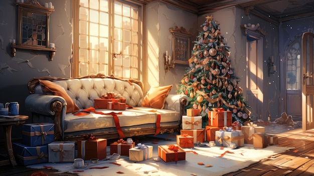 La veille du Nouvel An et de Noël un élégant arbre de Noël avec des cadeaux en dessous dans une pièce confortable