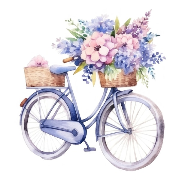 Vélo aquarelle mignon avec des fleurs Illustration AI GenerativexA