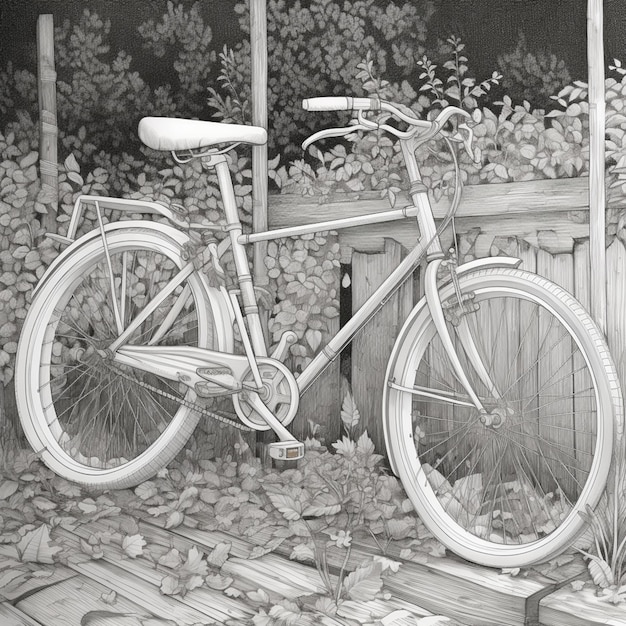 un vélo arrafé appuyé contre une clôture dans un jardin génératif ai