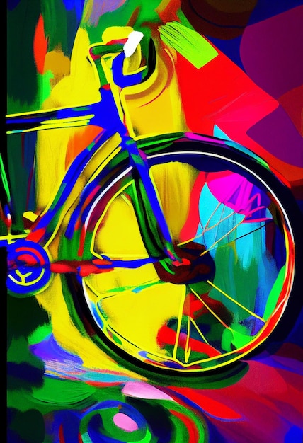 Vélo aux couleurs vives avec une roue lumineuse et une ai générative de fond coloré