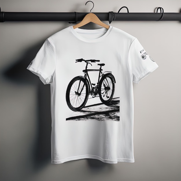 vélo blanc sur fond gris t-shirt blanc avec un vélo sur le fond d'un mur en bois