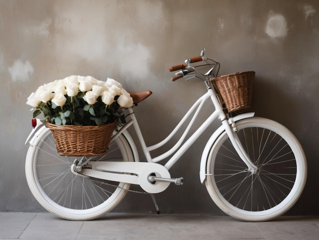 Un vélo blanc orné de paniers remplis de roses blanches