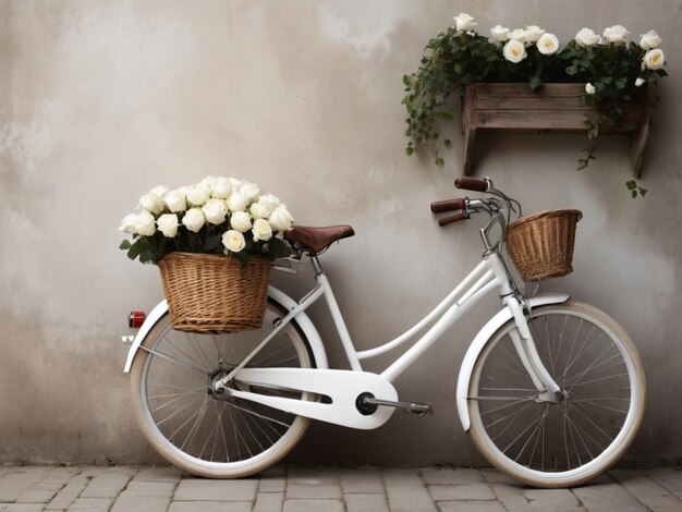 Un vélo blanc orné de paniers remplis de roses blanches