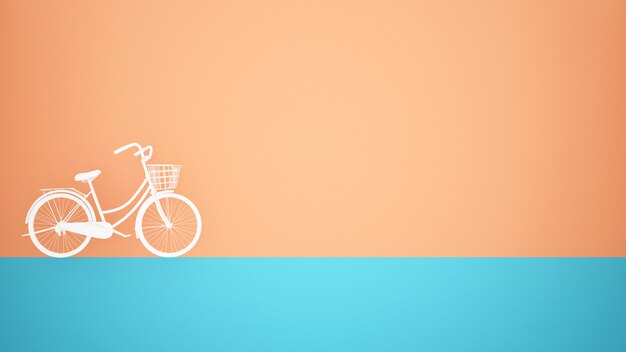 Vélo blanc sur le sol bleu et fond de mur orange