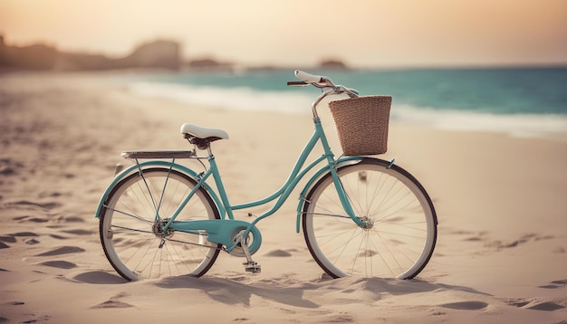 un vélo bleu est sur la plage avec le soleil couchant derrière lui