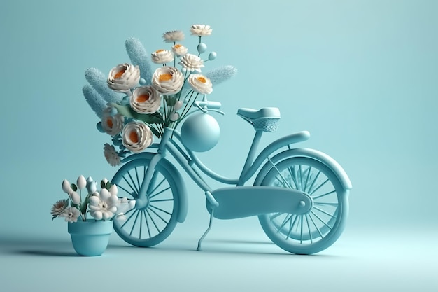 Un vélo bleu avec des fleurs à l'arrière