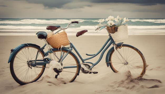 un vélo bleu avec des fleurs dans un panier sur le devant