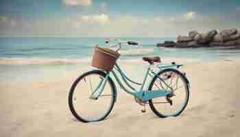 Photo un vélo bleu avec un panier à l'avant est garé sur une plage