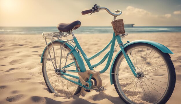 Photo un vélo bleu sur la plage avec un panier sur le guidon