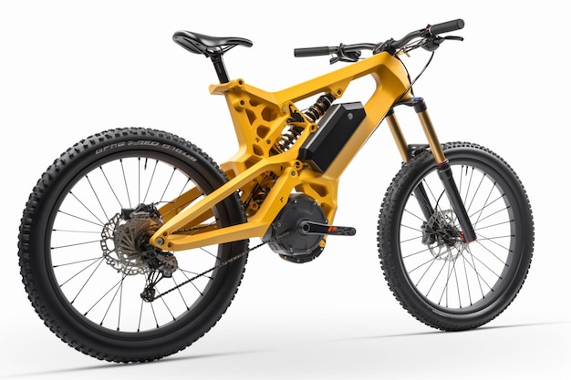 Photo un vélo avec un cadre jaune et une roue noire.