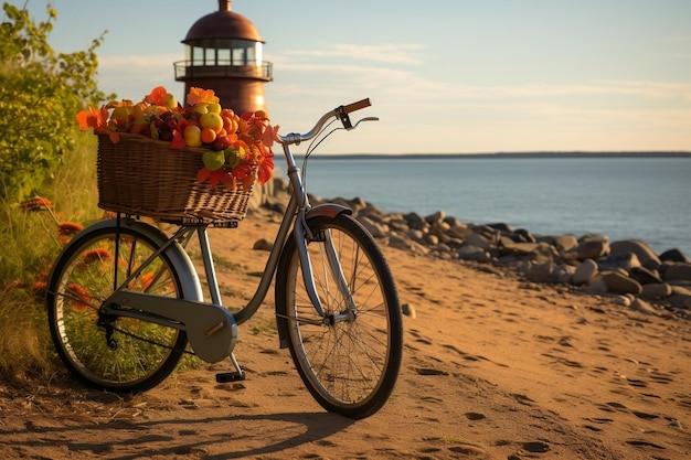 Un vélo avec une corbeille de fruits au phare de la plage Generative Ai