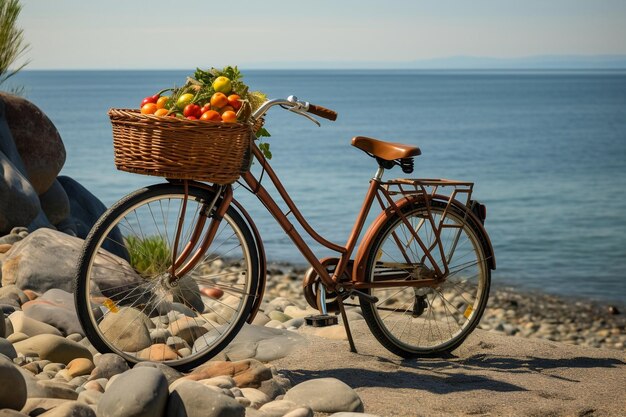 Un vélo avec une corbeille de fruits au phare de la plage Generative Ai