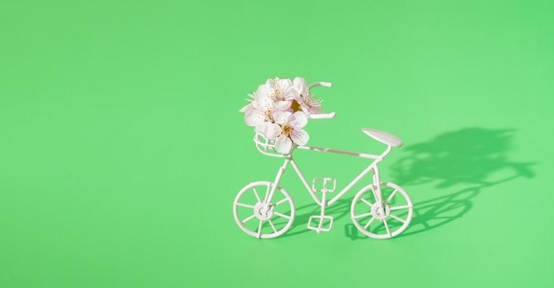 Vélo décoratif avec un panier de fleurs sur fond vert avec espace de copie. Concept minimaliste de printemps