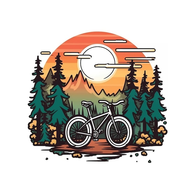 vélo devant une forêt dessin animé tshirt design graphique vectoriel Contour isolé sur fond blanc