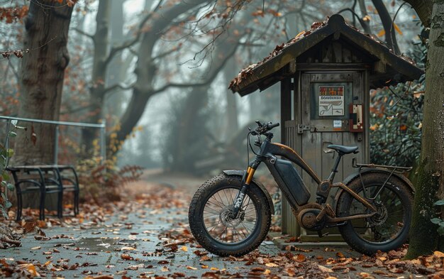 Un vélo électrique garé à côté d'une boîte aux lettres dans un parc.