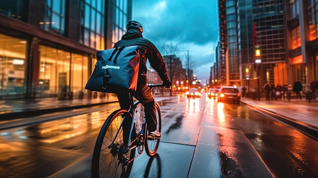 Sur un vélo élégant, un livreur navigue dans les rues animées de la ville avec agilité et précision Transportant une charge de colis dans un transporteur spécialement conçu Généré par l'IA