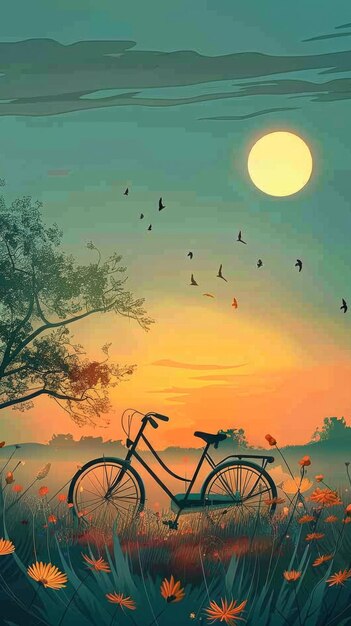 un vélo est au coucher du soleil avec la lune en arrière-plan